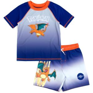 imagePokemon Raglan Rash Guard and Swim Trunks UPF 50 Outfit Set Little Kid to Adult Sizes 4  LargeNavy  Orange  Charizard