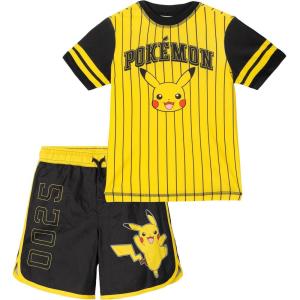 imagePokemon Raglan Rash Guard and Swim Trunks UPF 50 Outfit Set Little Kid to Adult Sizes 4  LargeYellow  Black